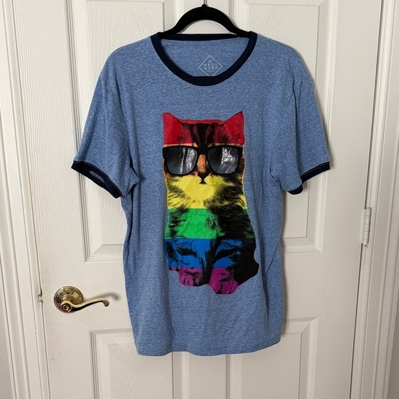 Well Worn Other - Men’s Well Worn Blue Cat PRIDE Tee with Sunglasses MEDIUM LGBTQ